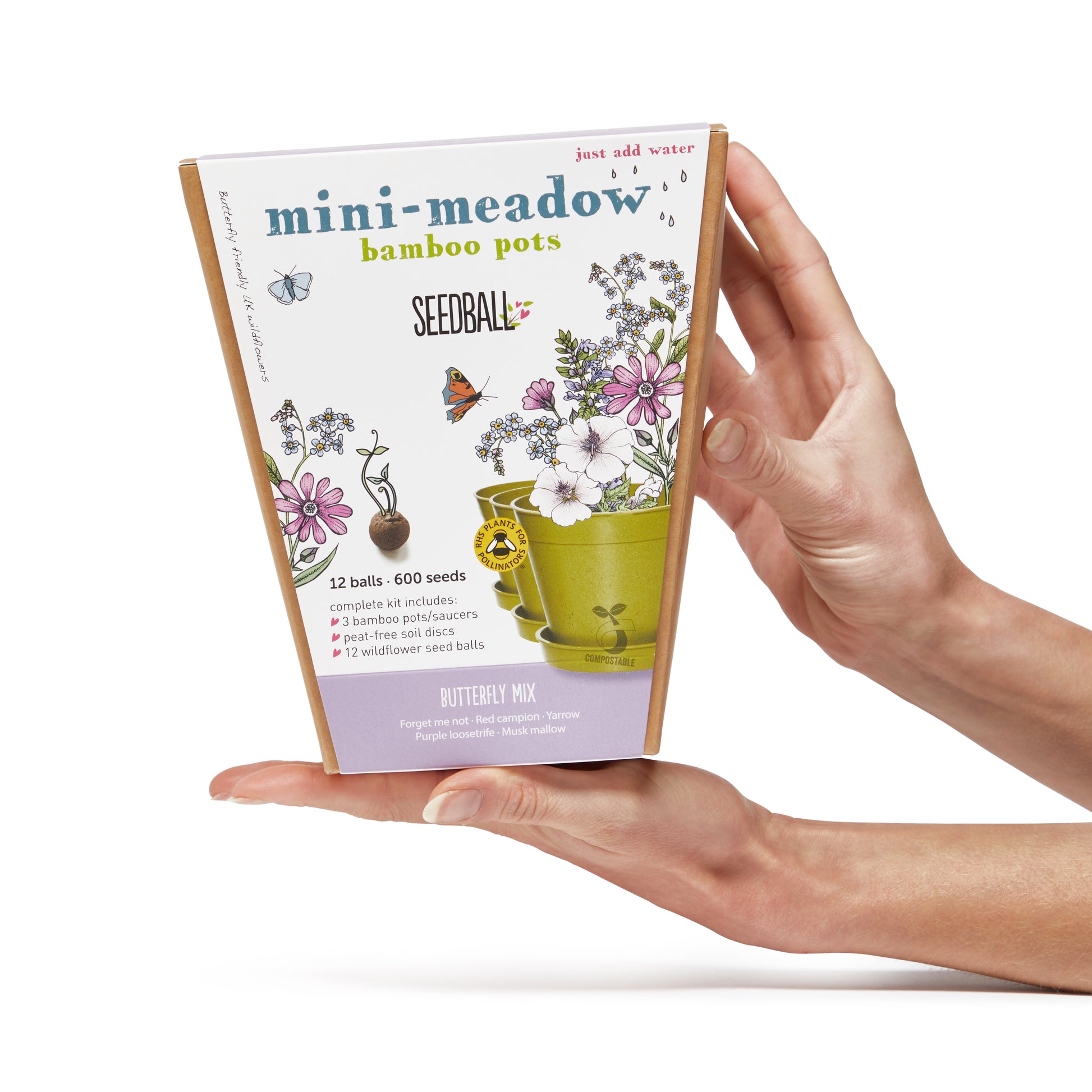 The Every Space Garden Mini-Meadow with 3 biodegradable, compostable bamboo pots and saucers, peat-free coir discs, and 12 wildflower seed balls containing approximately 30 wildlife-friendly wildflower seeds, by Seedball