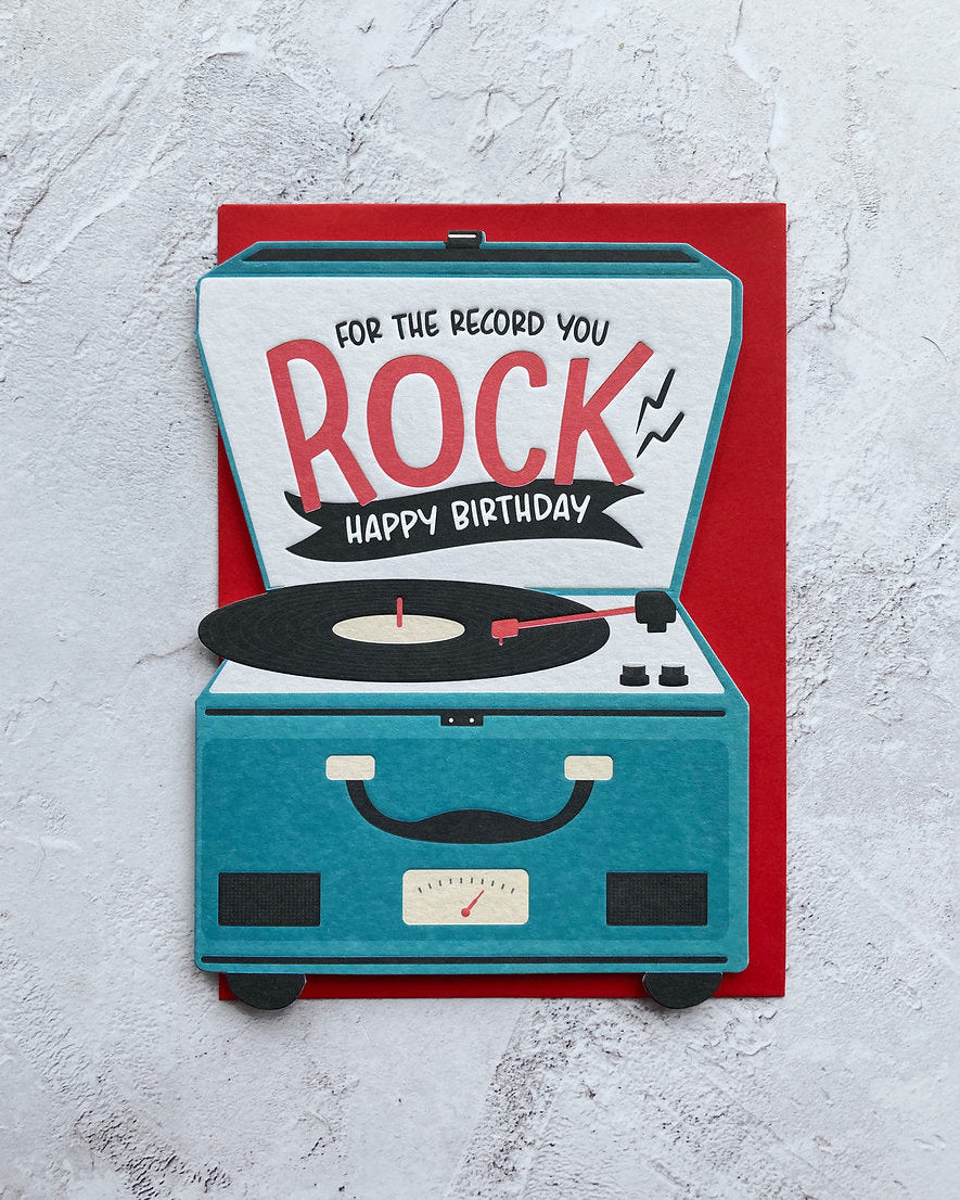 Heyyy Cards Record Player birthday card, die cut with debossing detail