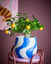 Potted plant with blue and white swirl design on a pink chair against a purple wall