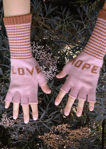 Fingerless Love Hope Gloves in Dusky Pink and Chestnut