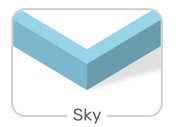 A color swatch graphic showing a light blue 3D chevron corner labeled 'Sky' on a white background with a gray border.