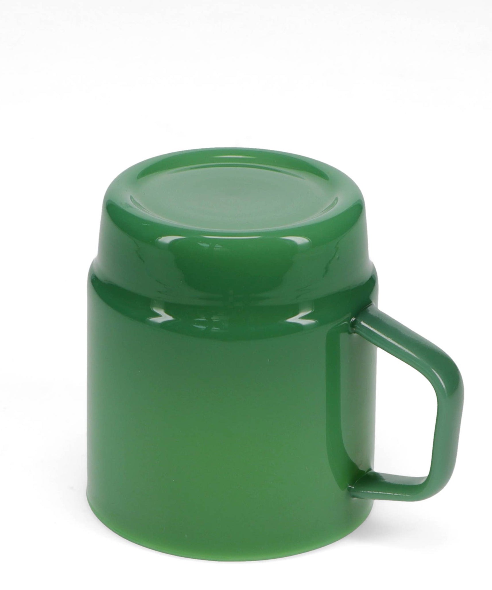 Green thermos mug with a handle on a white background