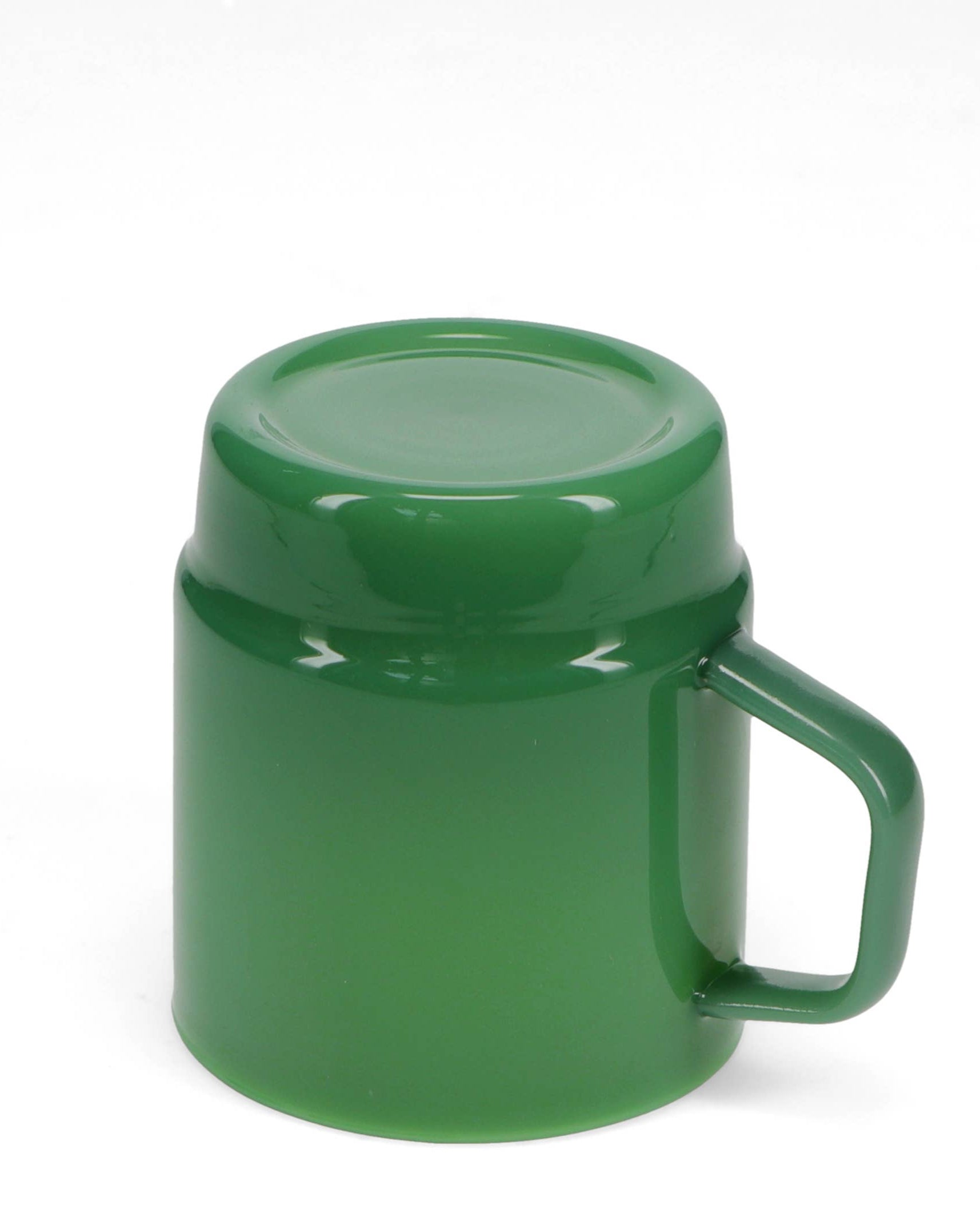Green thermos mug with a handle on a white background