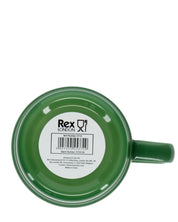 Green mug with a label on a white background