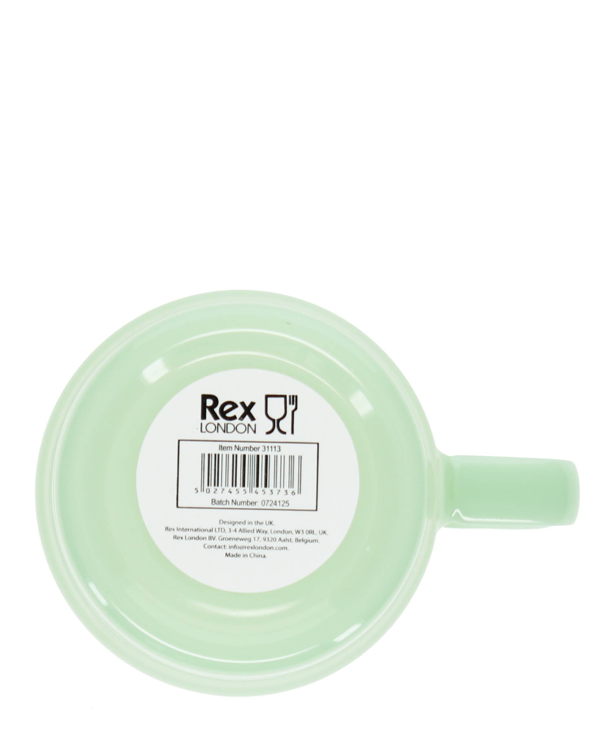 Light green mug with a Rex London label on a white background