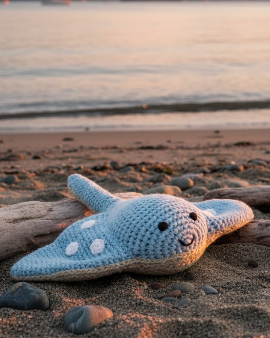 Crocheted starfish toy on a beach with sunset in the background