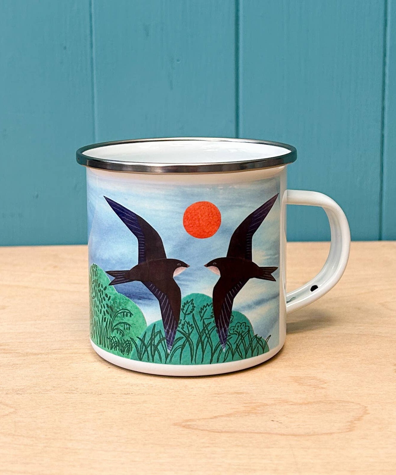Siobhan Watt hand printed swifts enamel camping mug
