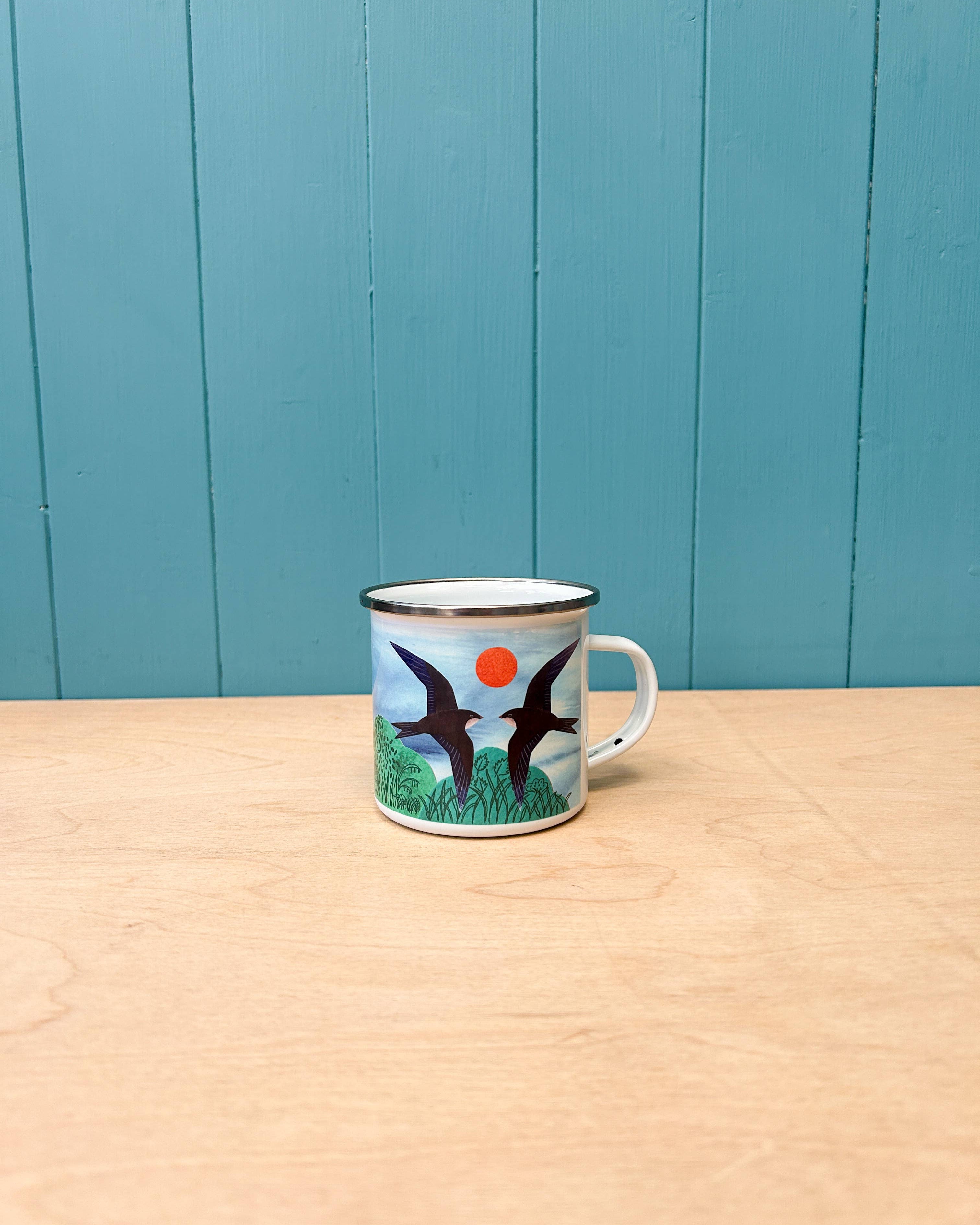 Siobhan Watt hand printed swifts enamel camping mug

