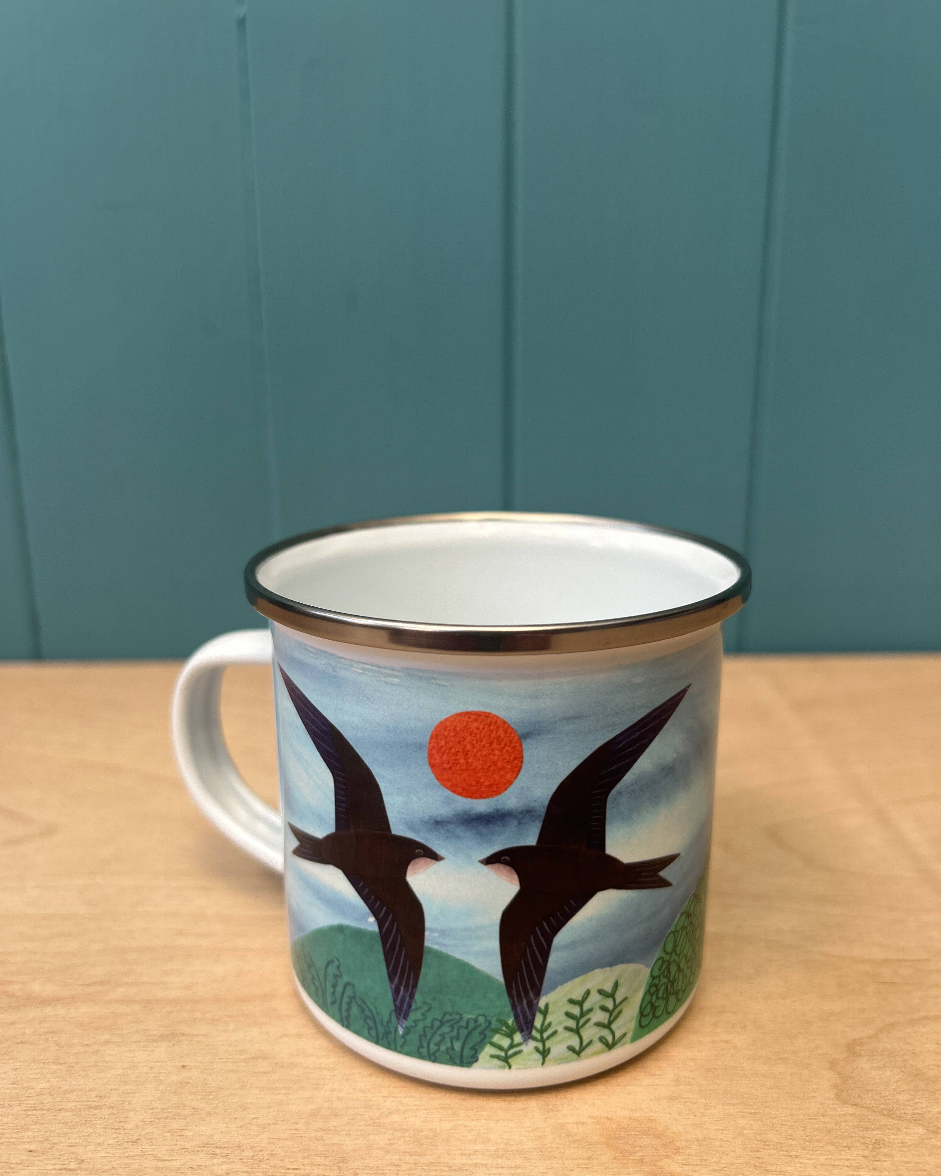 Siobhan Watt hand printed swifts enamel camping mug
