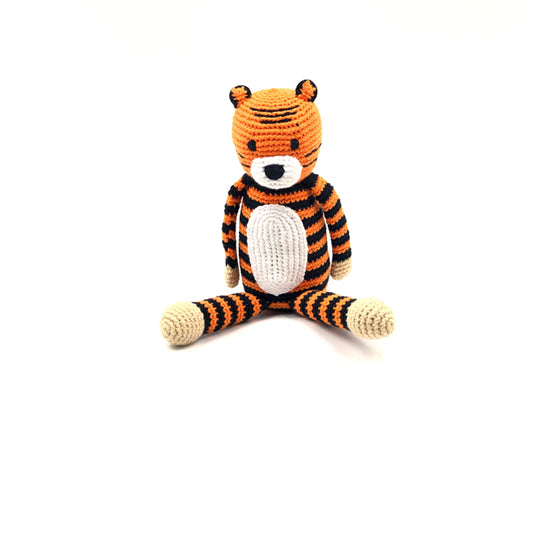 The Every Space handmade new baby orange and black Tiger Rattle crocheted in organic cotton with polyester fill by Pebble Child
