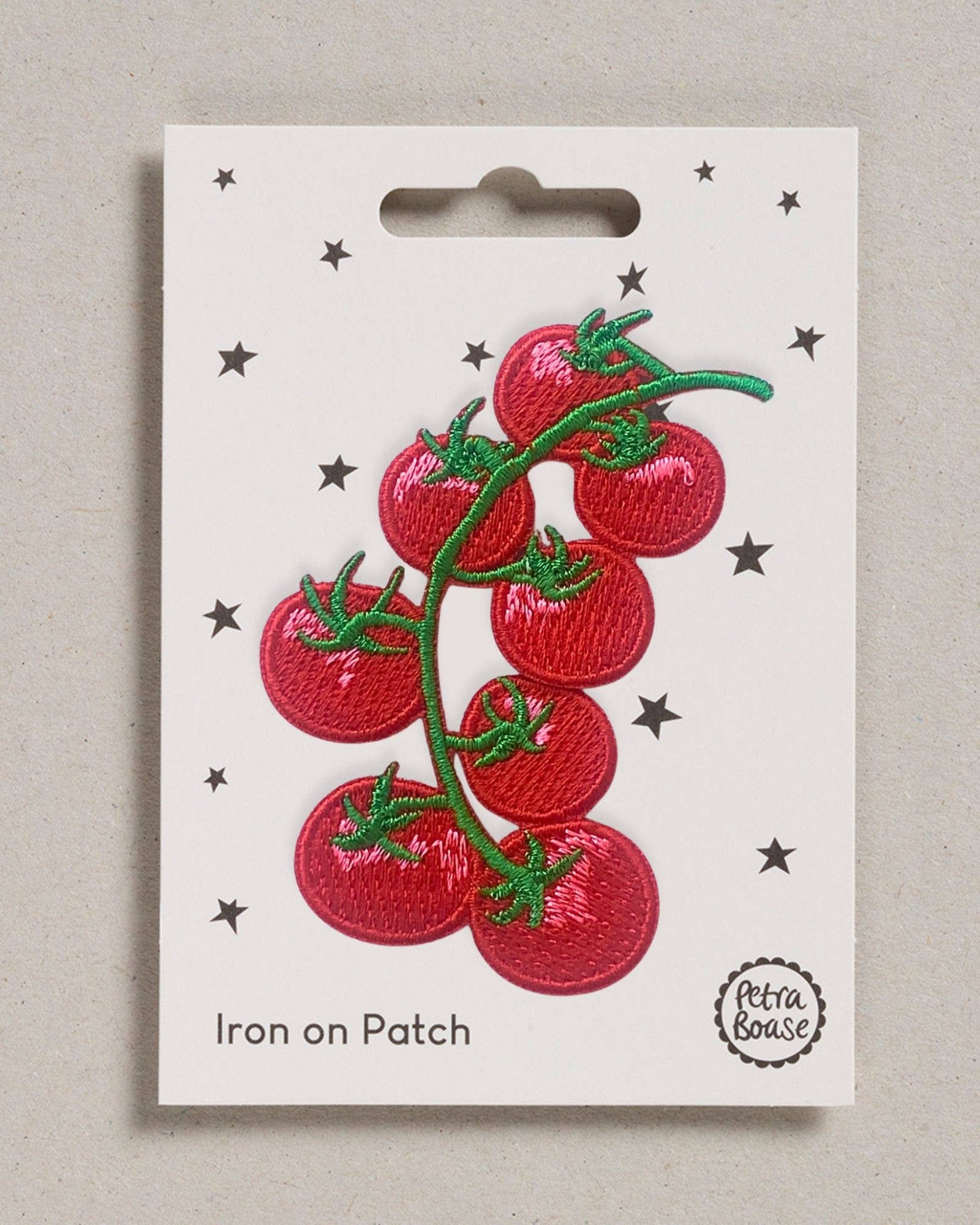 Petra Boase tomato iron-on embroidered patch on neutral background