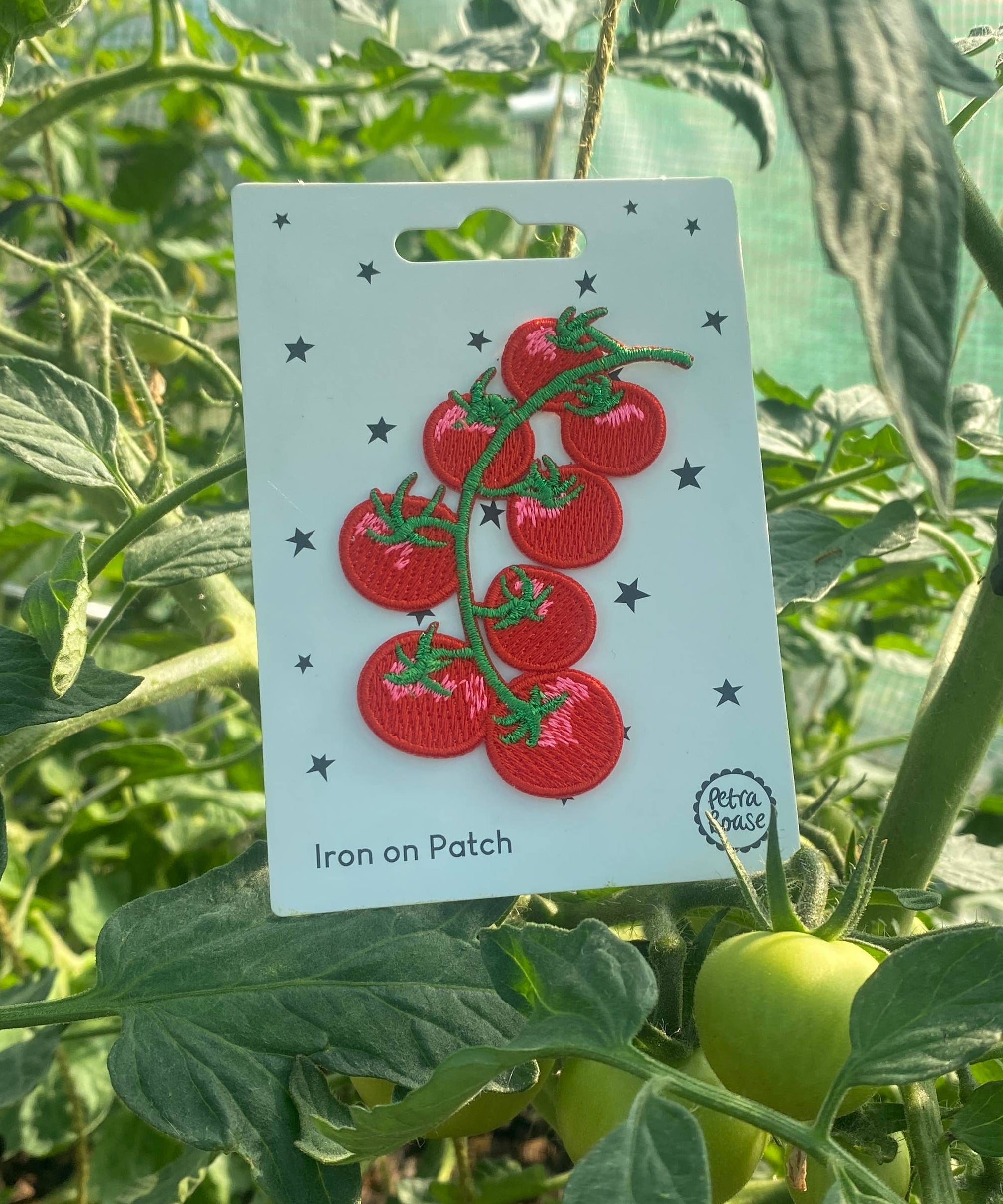 Petra Boase tomato iron-on embroidered patch on plant background