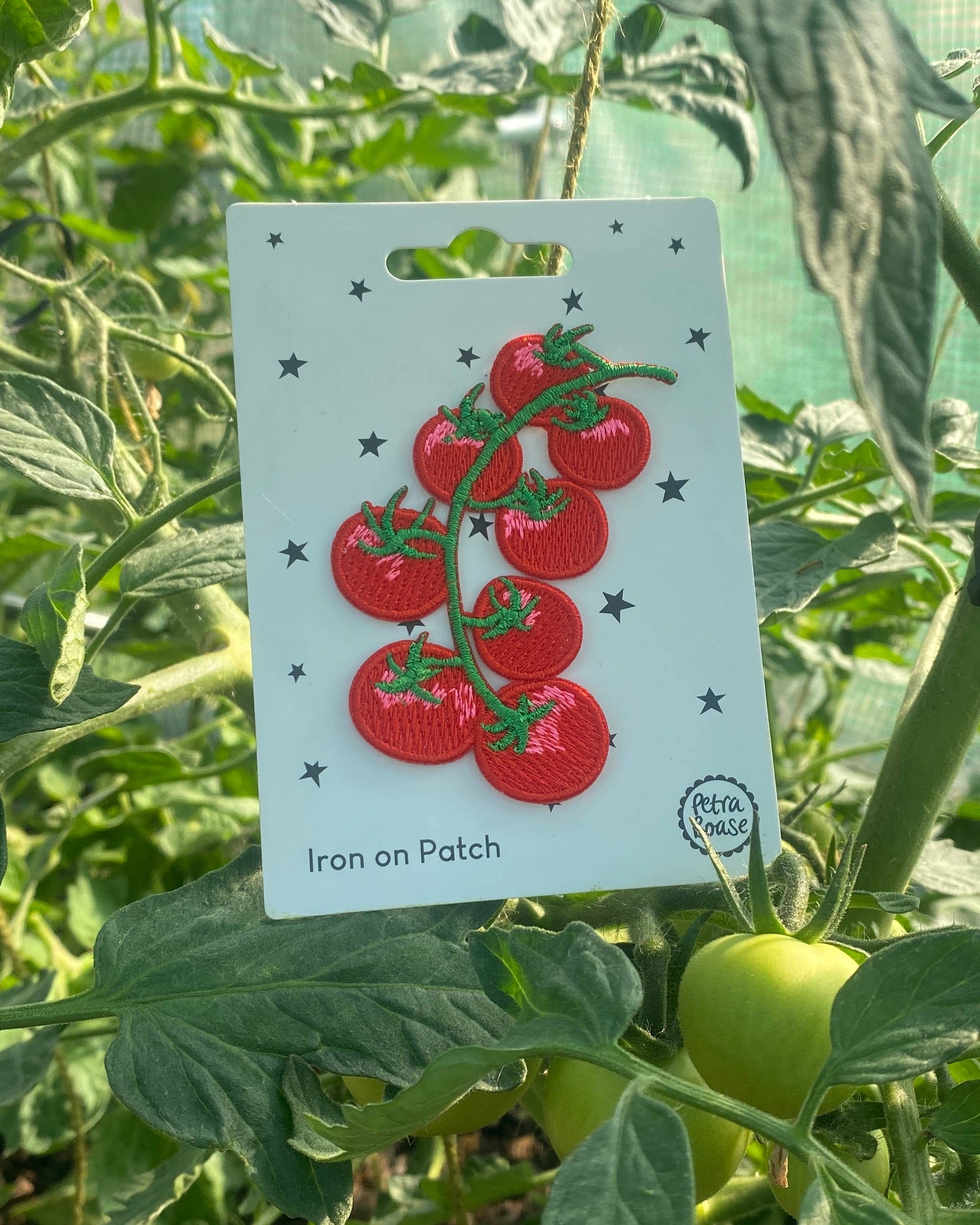 Petra Boase tomato iron-on embroidered patch on plant background