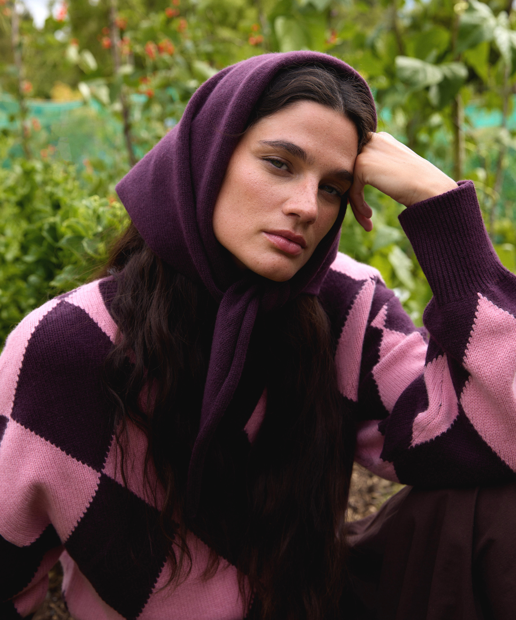 TBCo fig merino wool triangle scarf on a neutral background