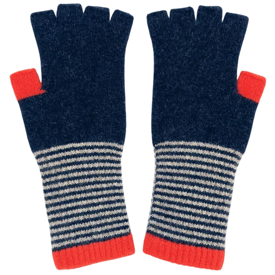Unisex Fingerless Gloves | Lambswool Fine Stripe, Dark Green or Navy