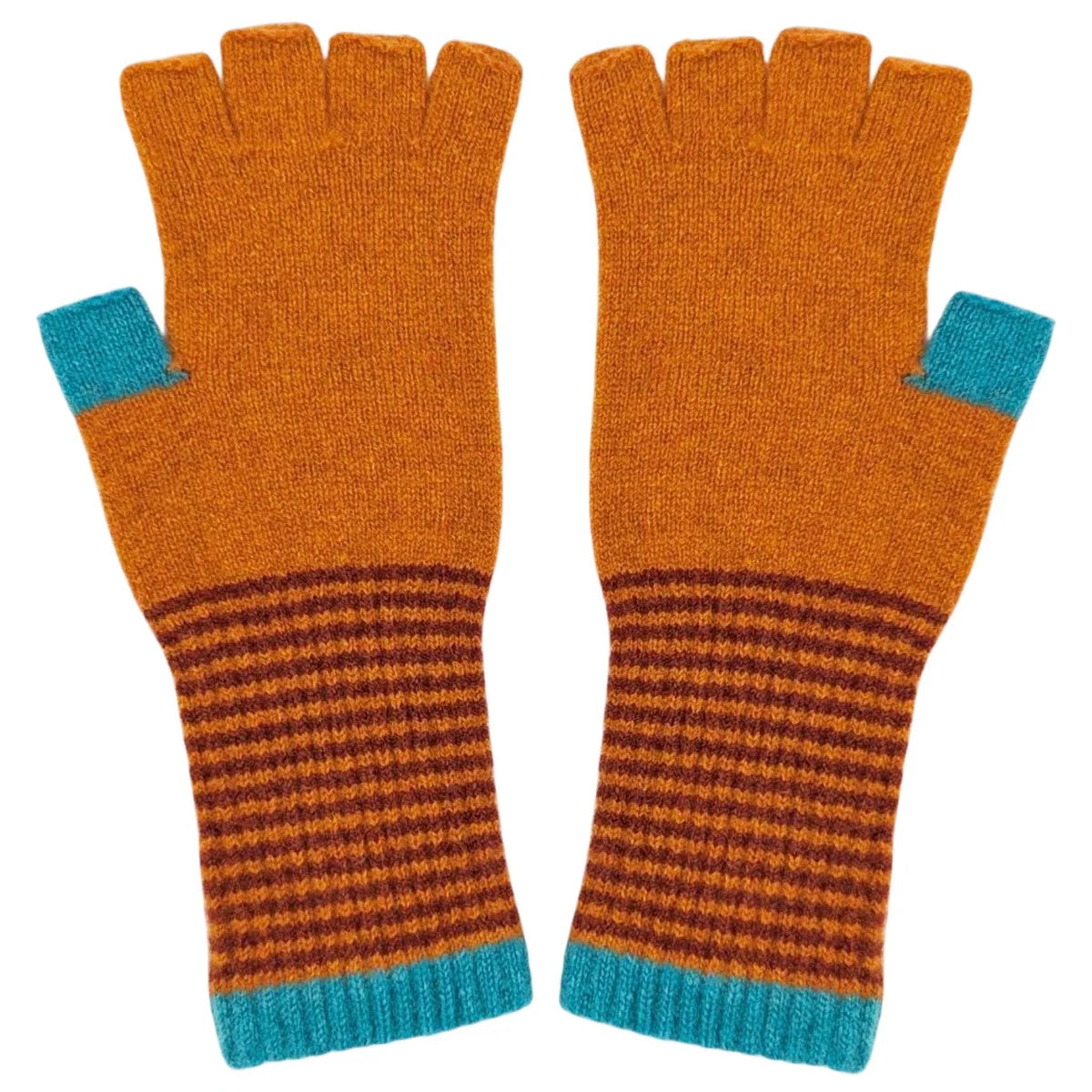 A pair of knit fingerless gloves in burnt orange, featuring a brown and orange striped cuff and bright turquoise blue accents at the fingertips and wrist.