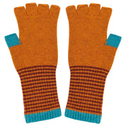 A pair of knit fingerless gloves in burnt orange, featuring a brown and orange striped cuff and bright turquoise blue accents at the fingertips and wrist.
