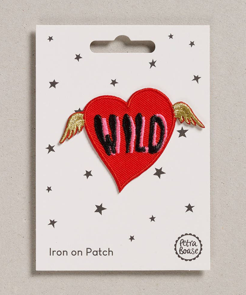 Petra Boase wild heart iron-on embroidered patch on neutral background