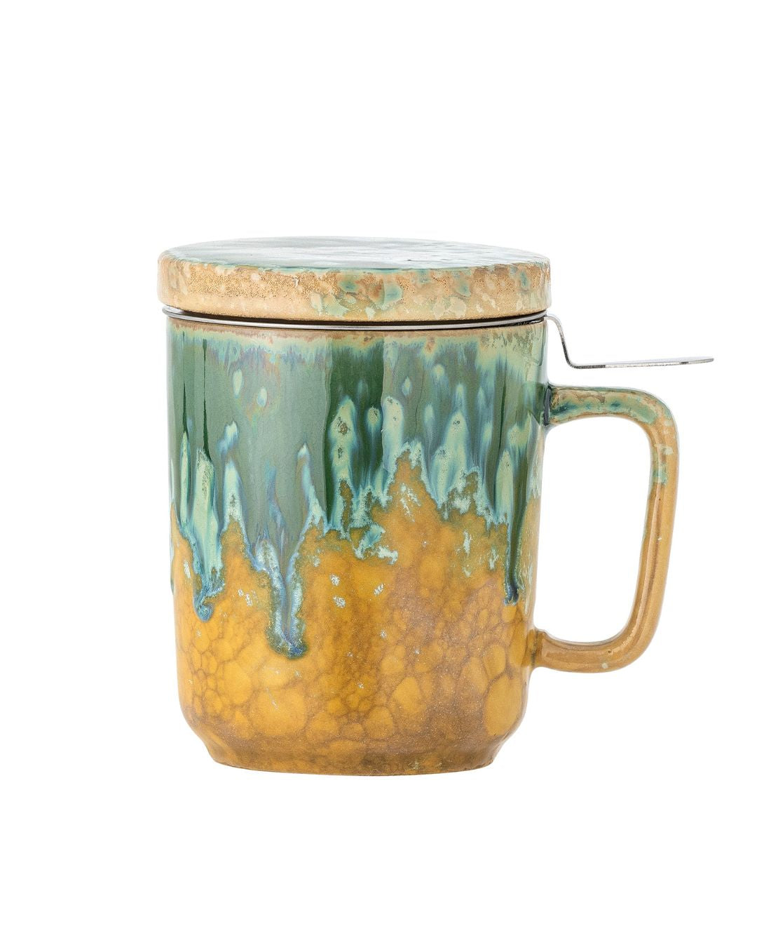Ceramic mug with green and gold glaze on a white background