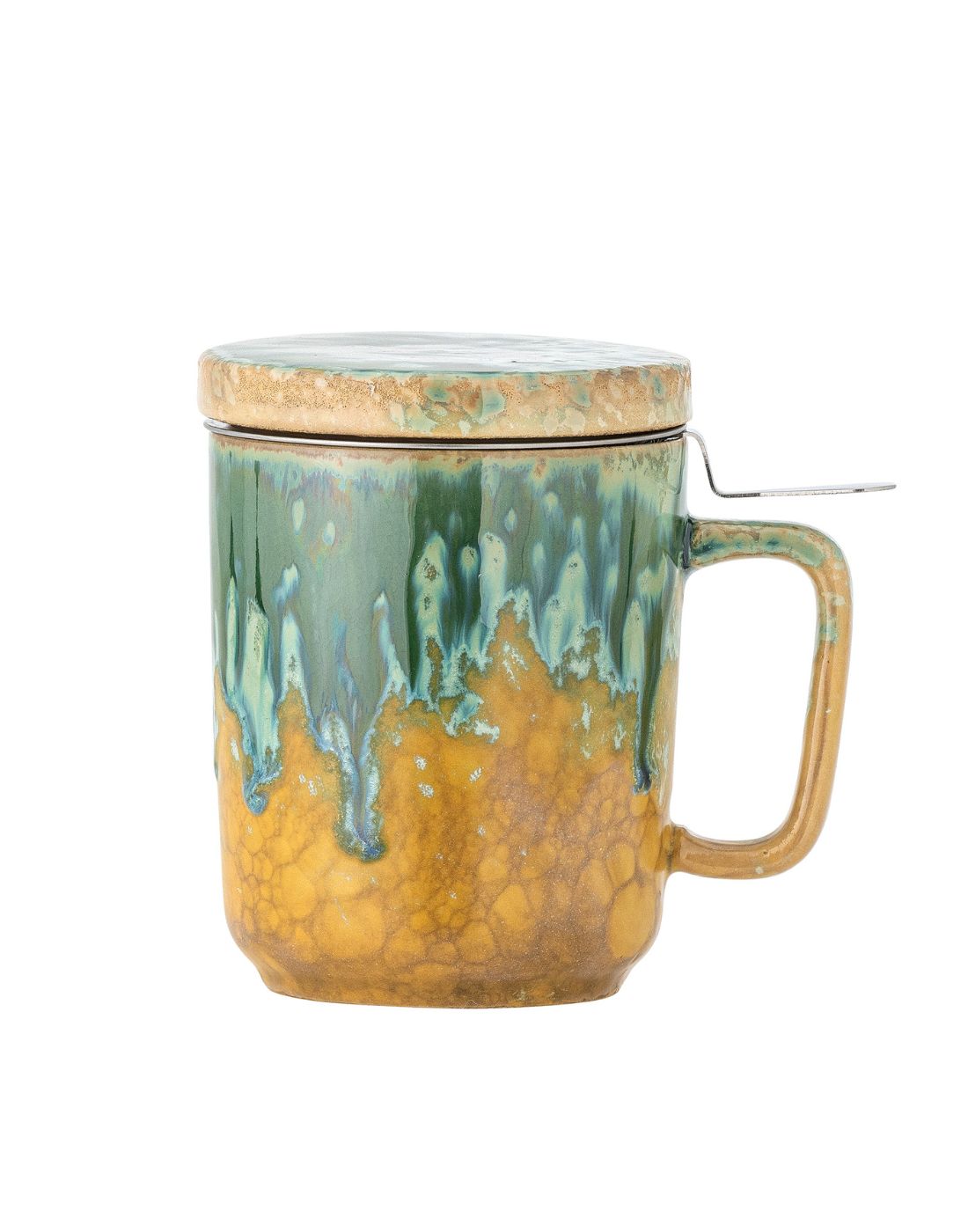 Ceramic mug with green and gold glaze on a white background