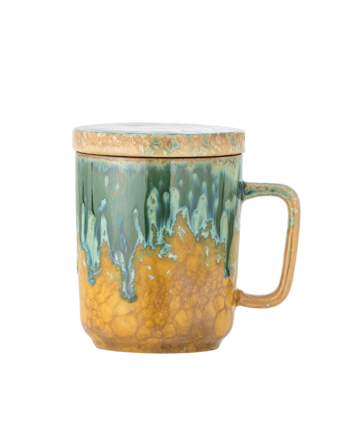Ceramic mug with green and gold glaze on a white background