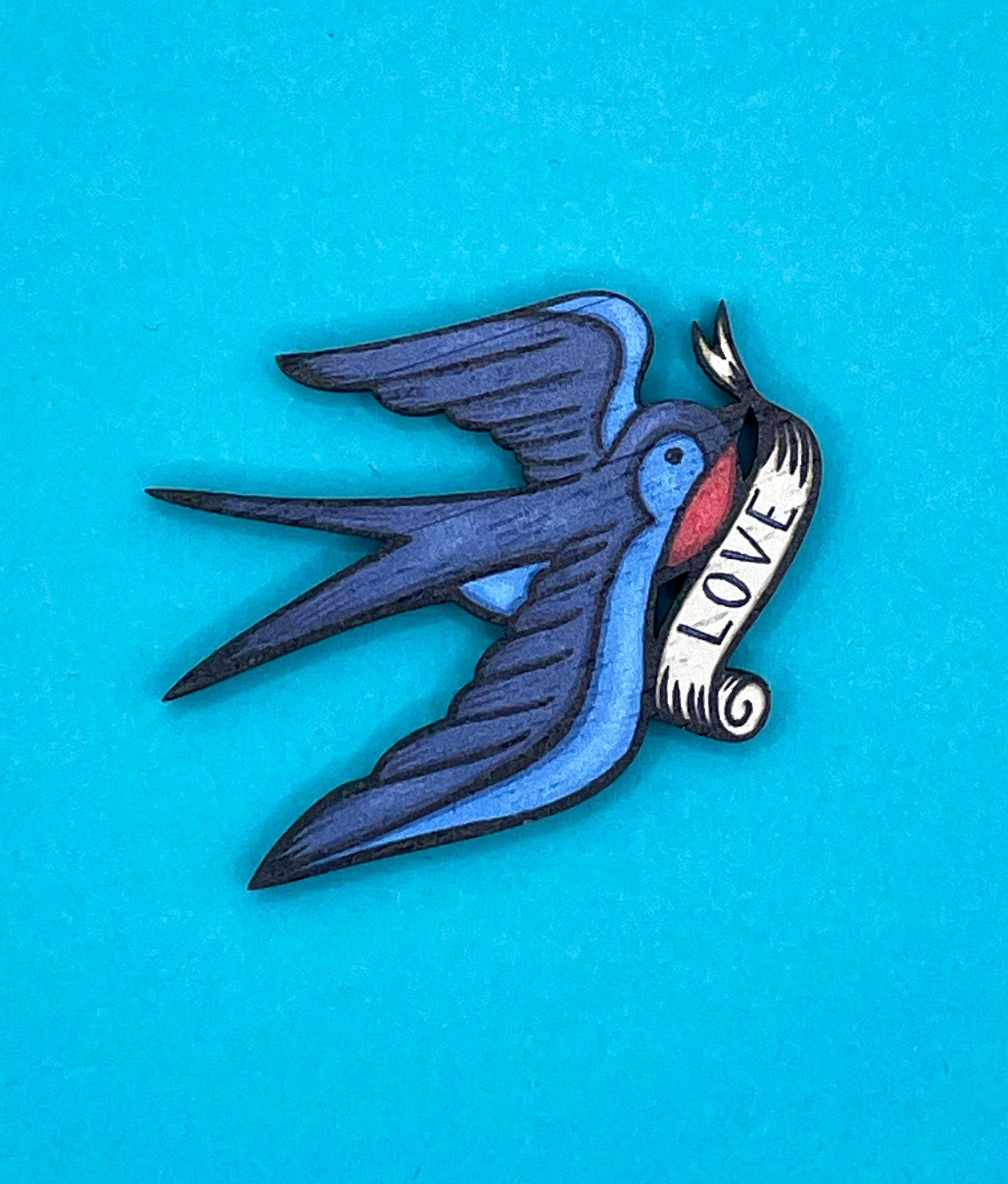 Swallow Wooden Pin Badge - Tattoo Style