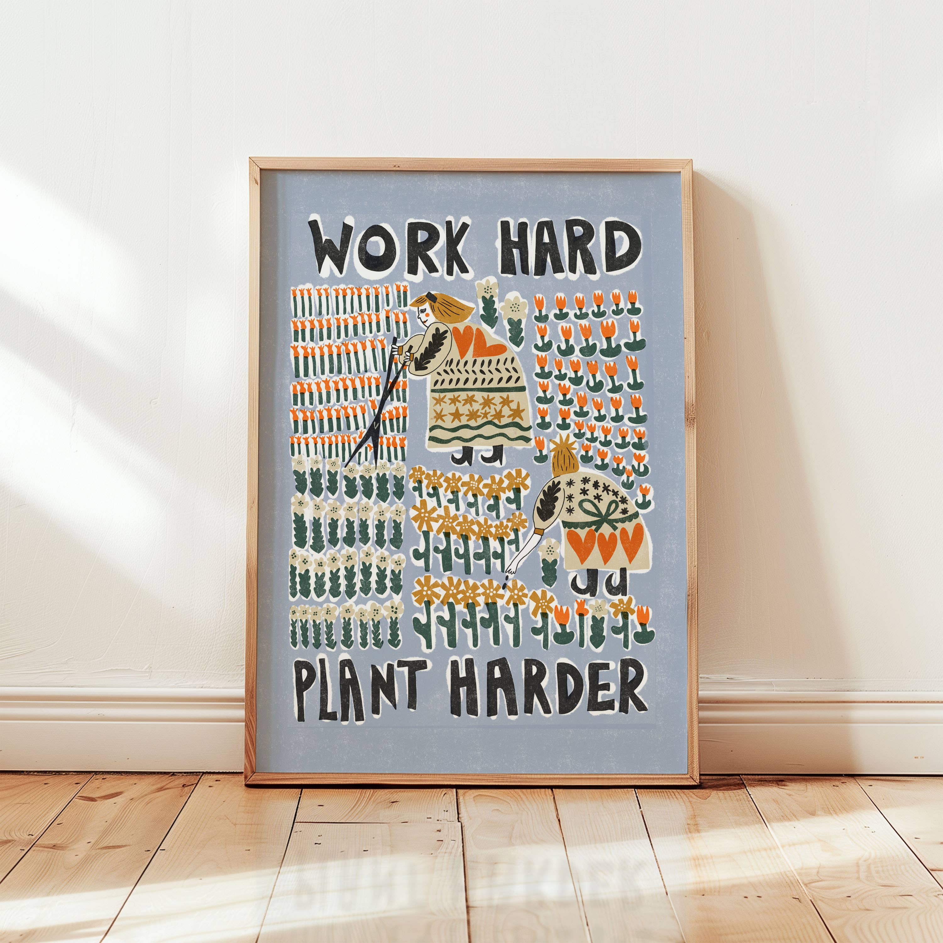 'Work Hard Plant Harder' | Playful | Folk Art | Retro | Risograph Style Print | A3