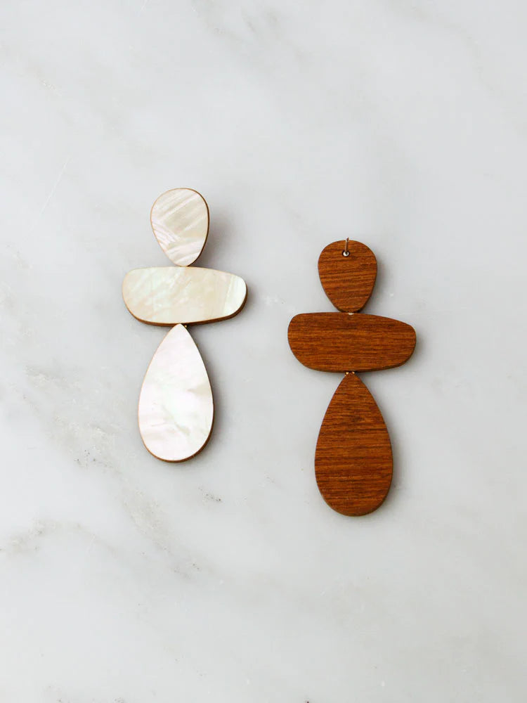 Th Every Space Ana earrings in cream mother of pearl veneer, wood and sterling silver by Wolf & Moon