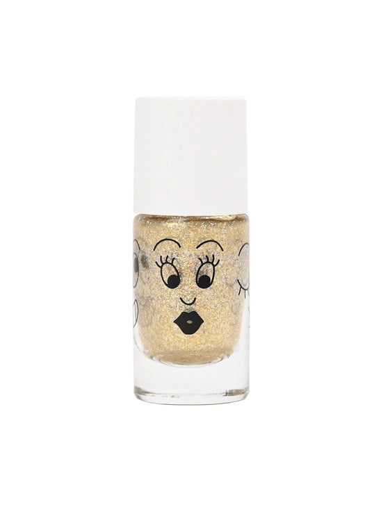 Aurora Glittery Gold water-based nail polish by Nailmatic, featuring a cartoon character design on the label.