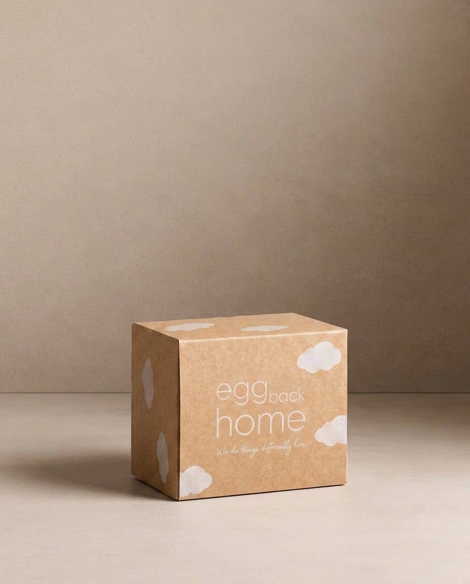 Kraft paper box with 'egg back home' branding on a beige background