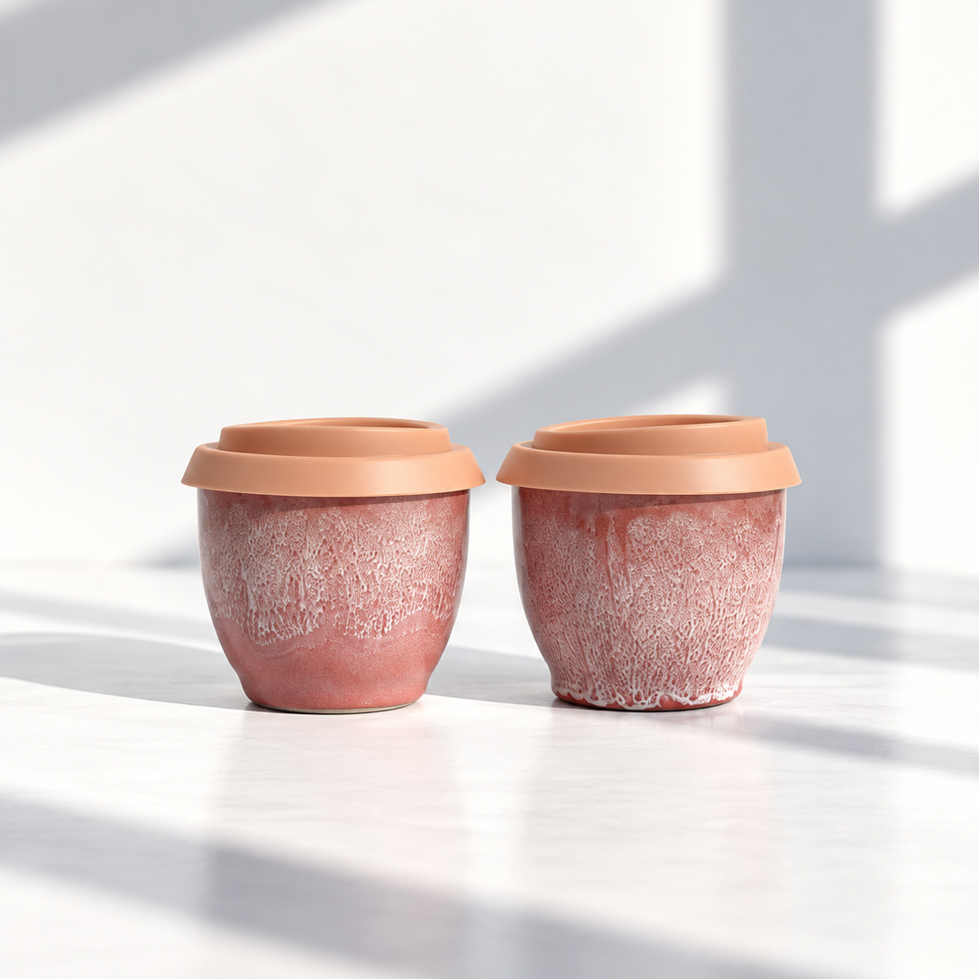 Ceramic flat white cup in Seville Terracotta, further view