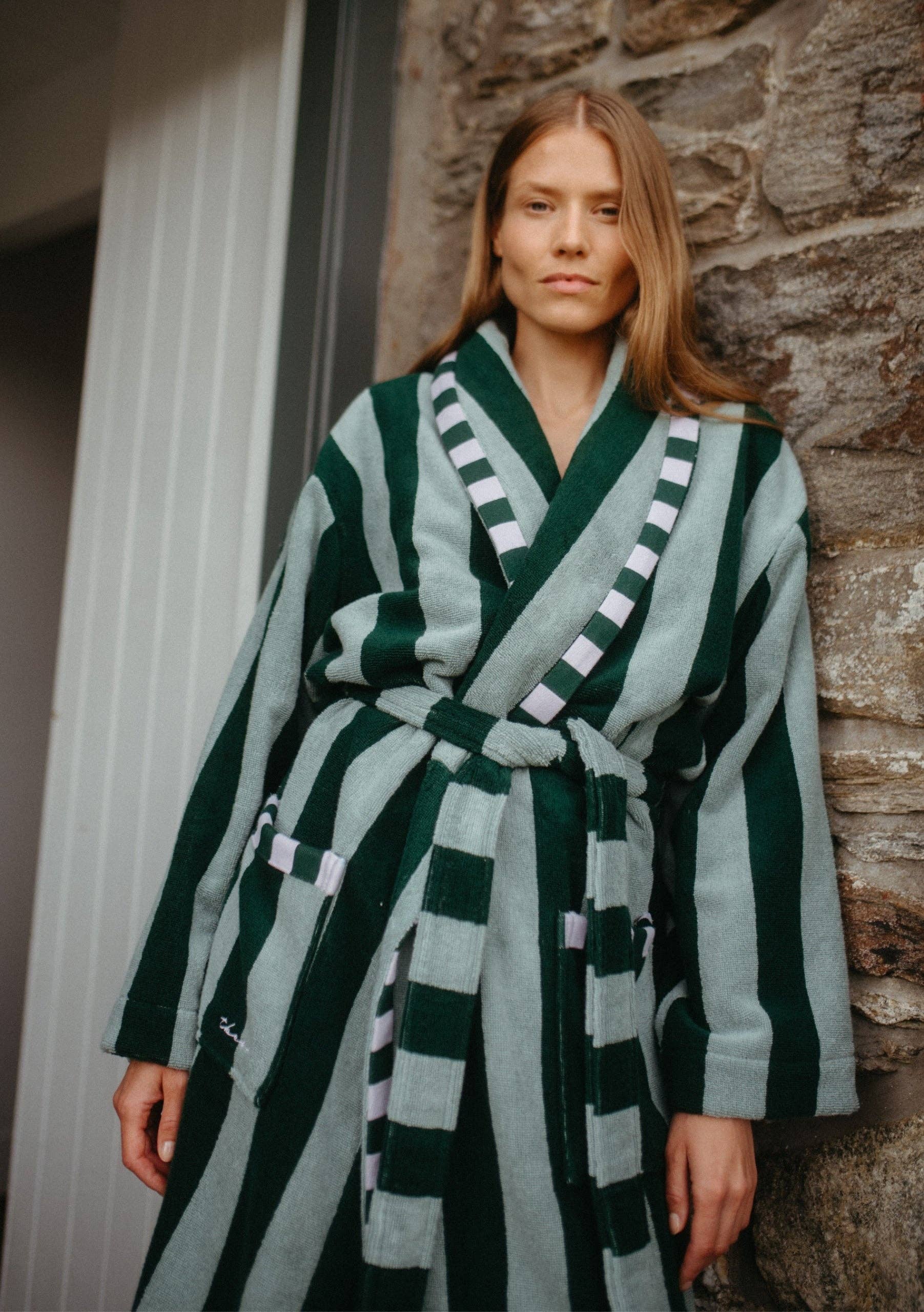 Terry Cotton Bath Robe | Green Stripe