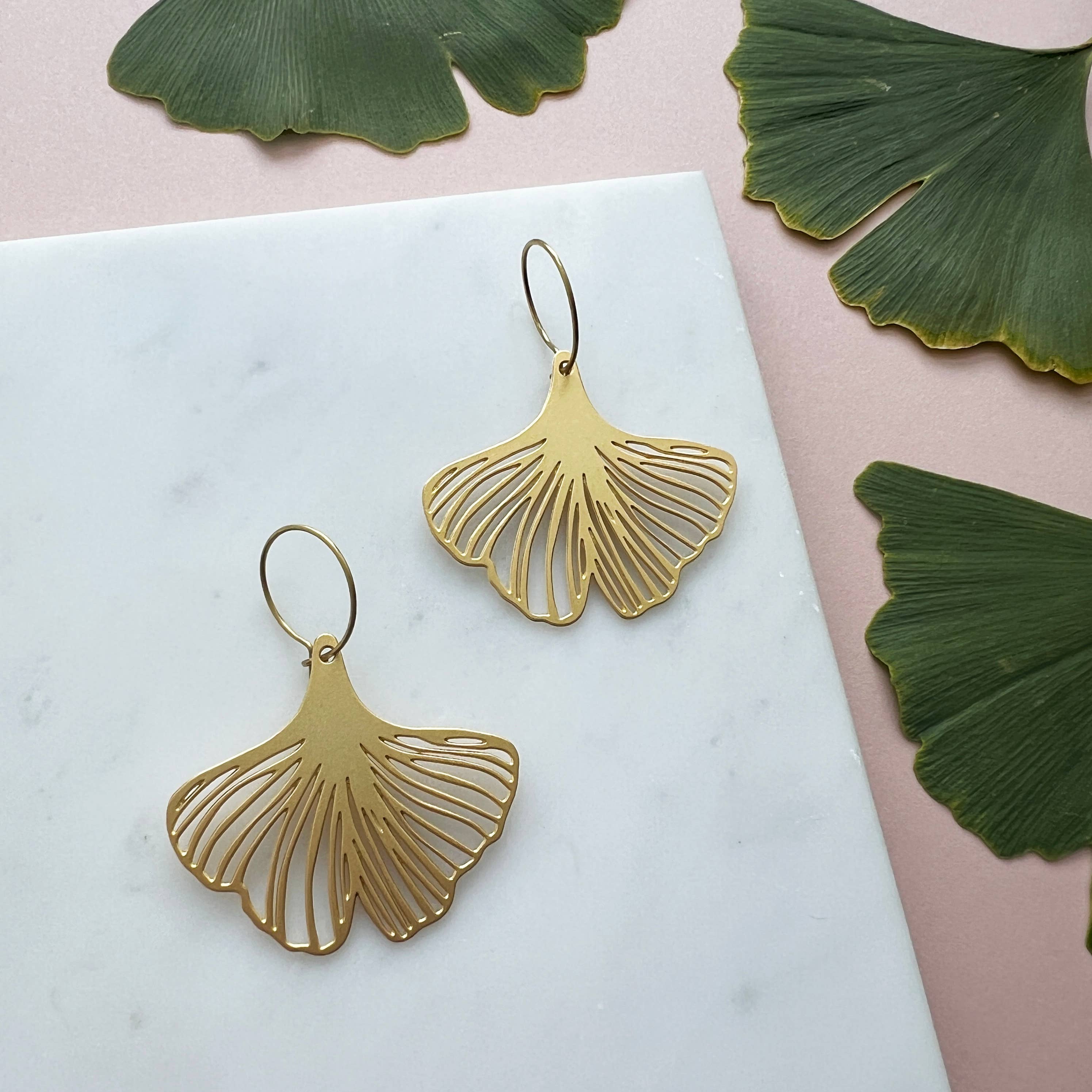 Gold Gingko Hoop Earrings 