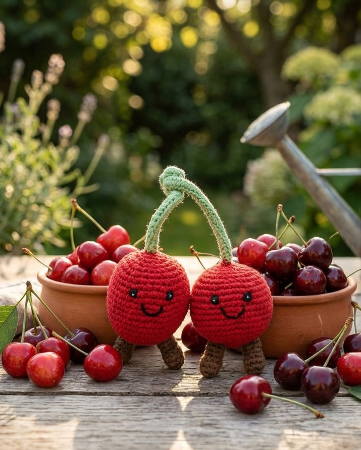 Two red crocheted cherry characters with green stems and smiling faces stand in front of terracotta bowls filled with real cherries on a wooden table, with a metal watering can and garden plants blurred in the background.