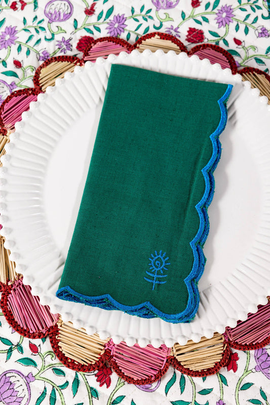 scalloped linen napkin in emerald and peacock
