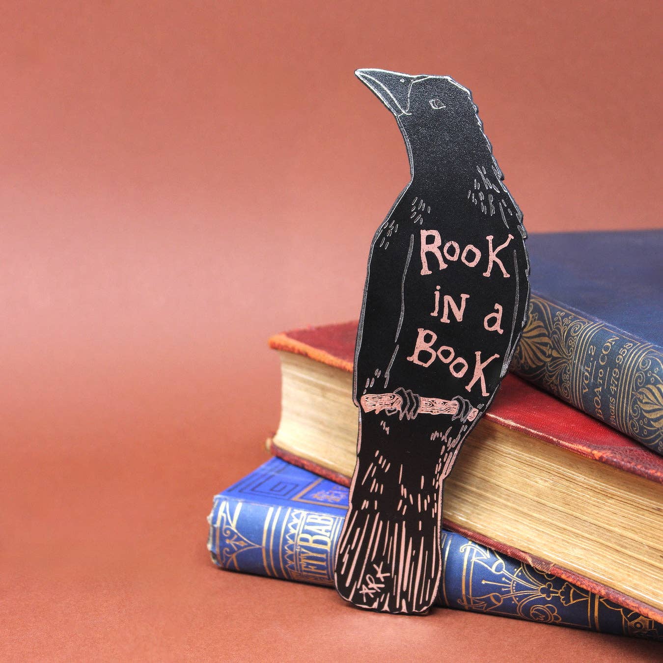 Ark Colour Design Rook in a Book leather bookmark with silver and blue foil