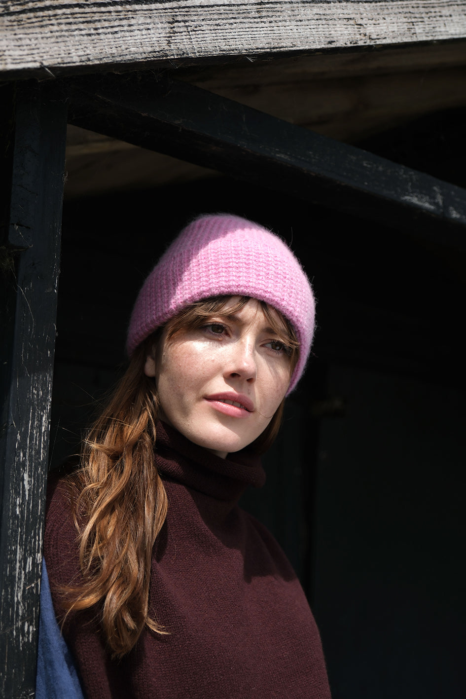Tuck Stitch Angora Beanie Hat | Carmine Pink