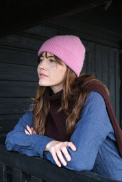 Tuck Stitch Angora Beanie Hat | Carmine Pink