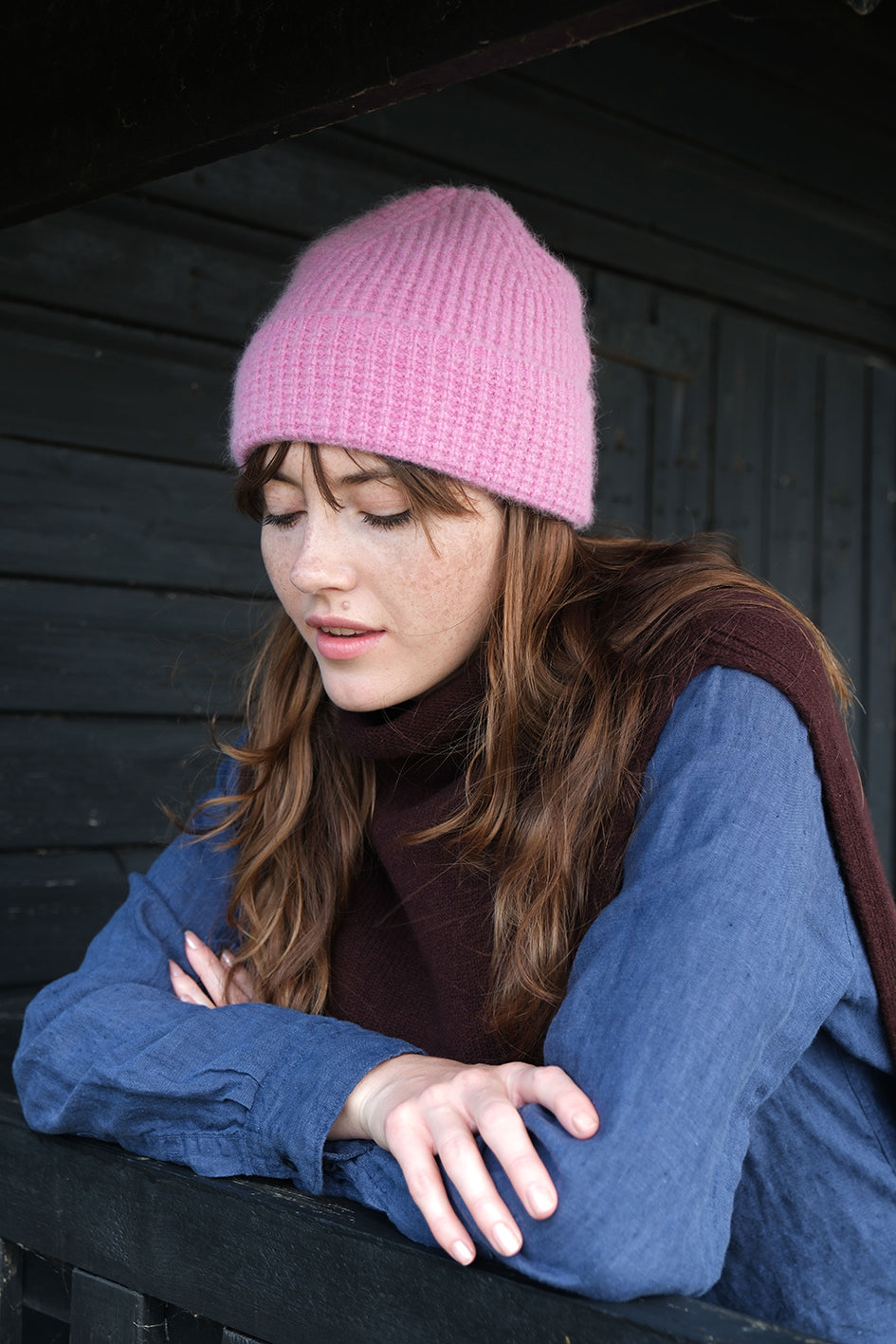 Tuck Stitch Angora Beanie Hat | Carmine Pink