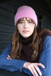 Tuck Stitch Angora Beanie Hat | Carmine Pink