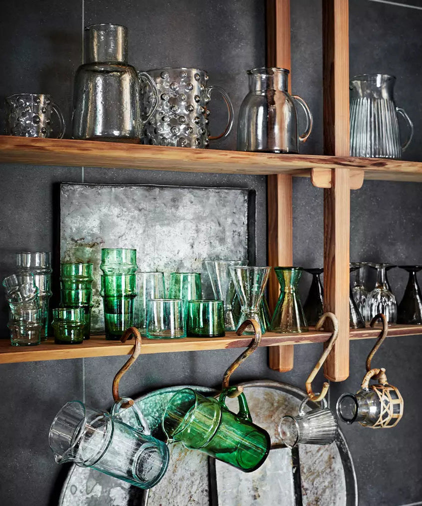 Madam Stoltz Beldi glass jug, blue green tint, mouth blown recycled glass