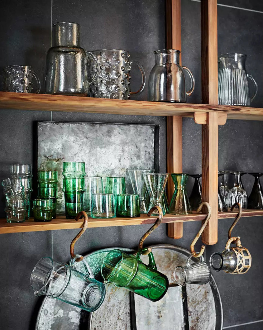 Madam Stoltz Beldi glass jug, blue green tint, mouth blown recycled glass