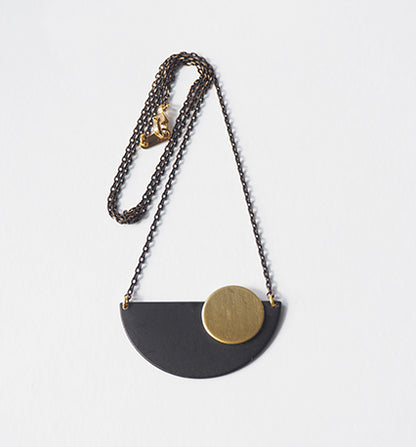 Black Crescent & Brass Disc Necklace