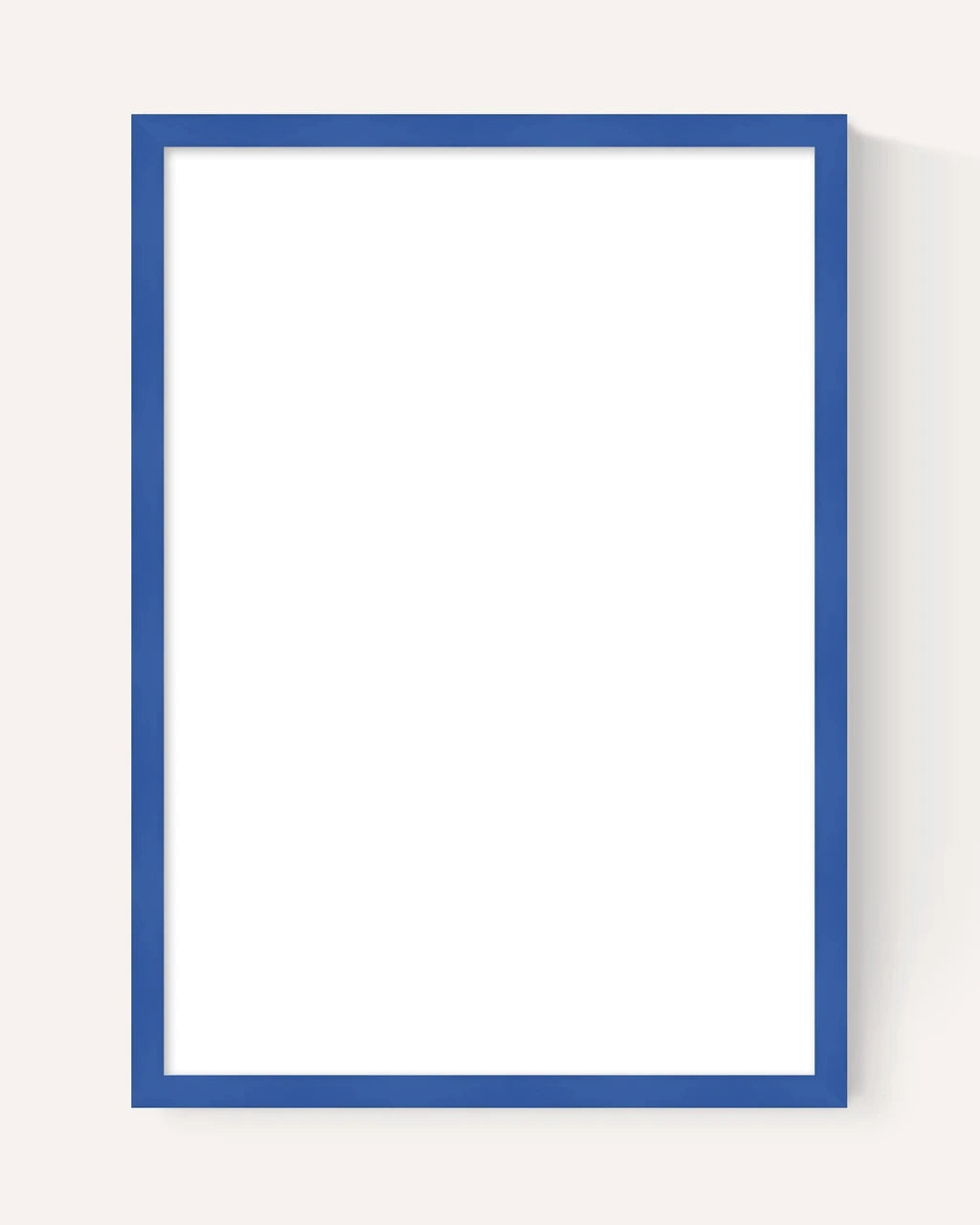 A minimalist, vertical white card or poster with a thin dark blue border, centered on a very light off-white background with a subtle drop shadow on the right.
