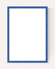 A minimalist, vertical white card or poster with a thin dark blue border, centered on a very light off-white background with a subtle drop shadow on the right.