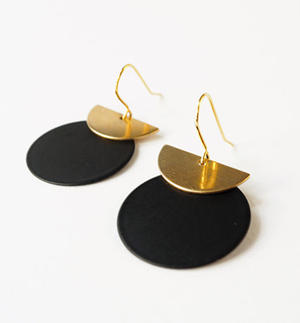 Brass Crescent & Black Disc Earrings