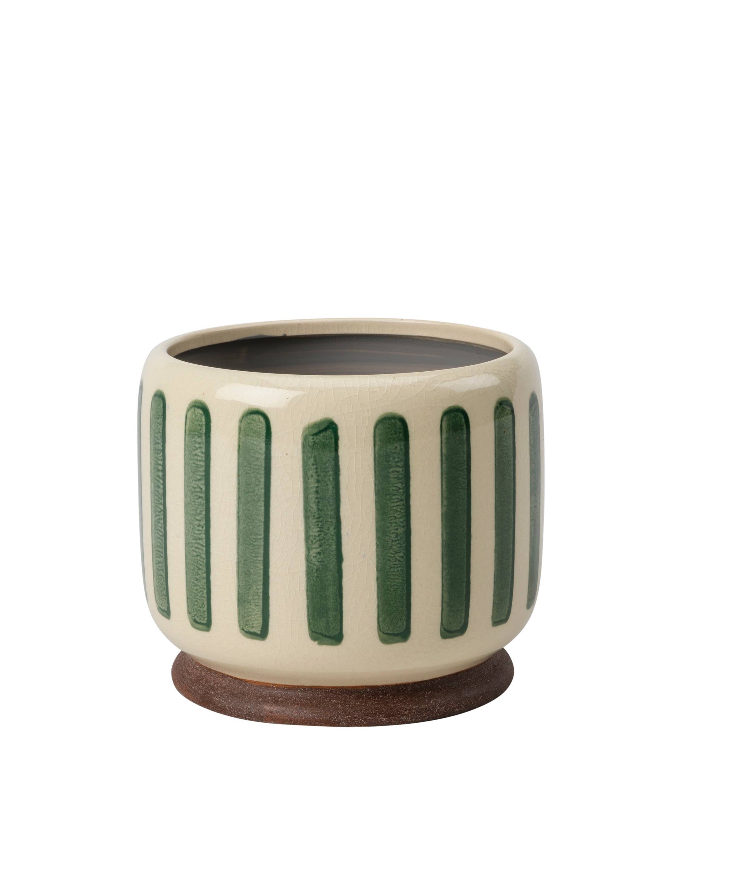 a white and green stripe plant pot on a white background