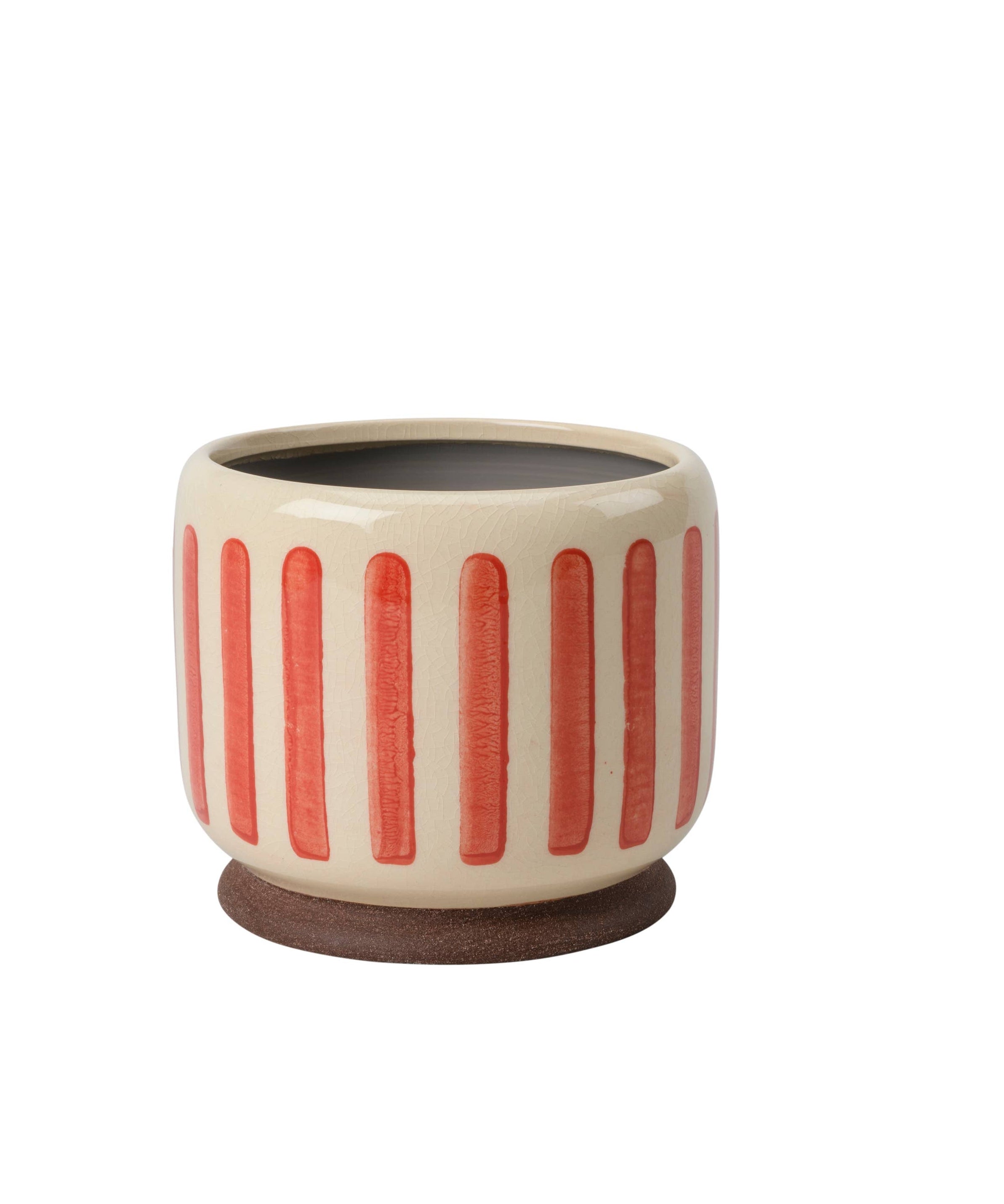 Ceramic planter with red vertical stripes on a white background