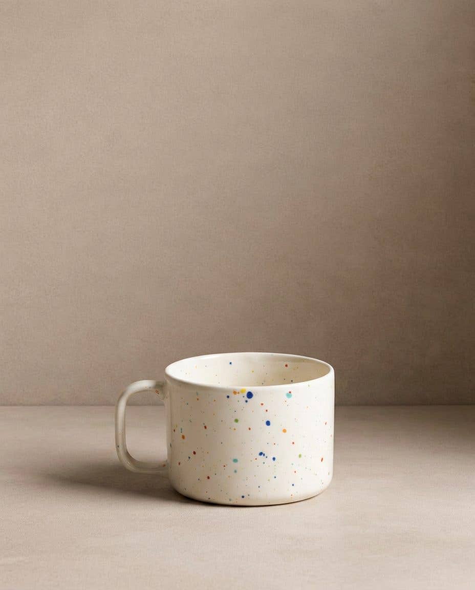 Egg Back Home white ceramic mug with colourful speckles on a beige background