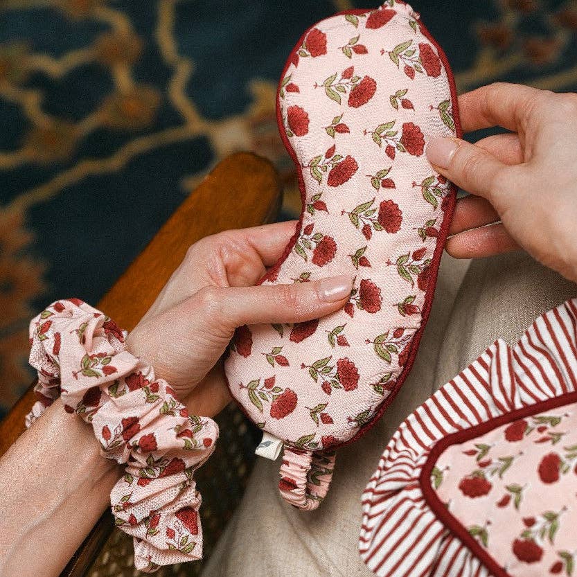 Block Printed Eye Mask & Scrunchie Set | Ditsy Floral Scarlet